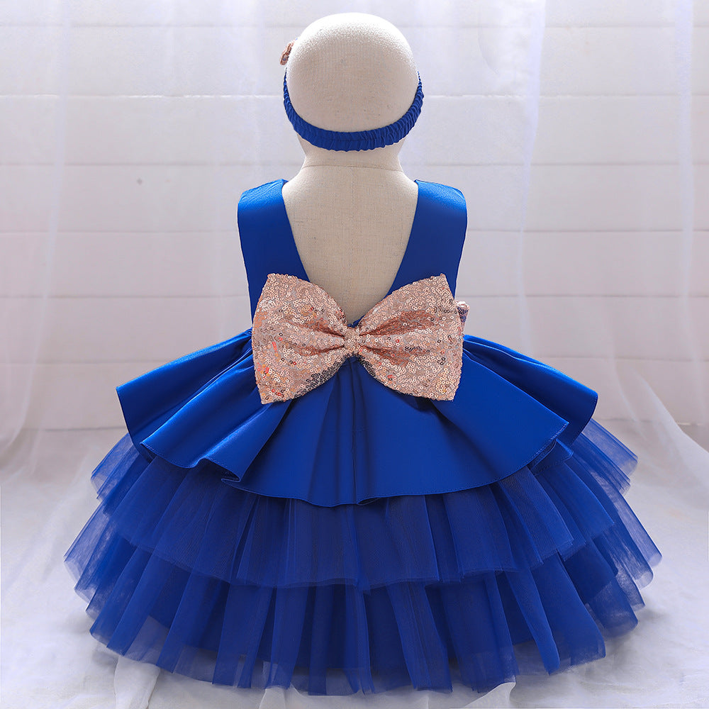 Cute Puffy Ball Gown Baby Princess Dress with Bow & Sequins – Perfect for Parties & Weddings