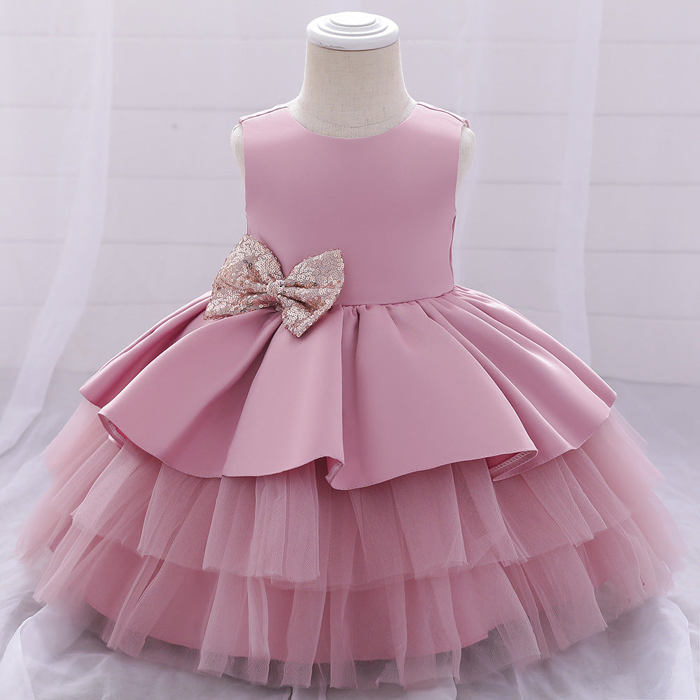 Cute Puffy Ball Gown Baby Princess Dress with Bow & Sequins – Perfect for Parties & Weddings