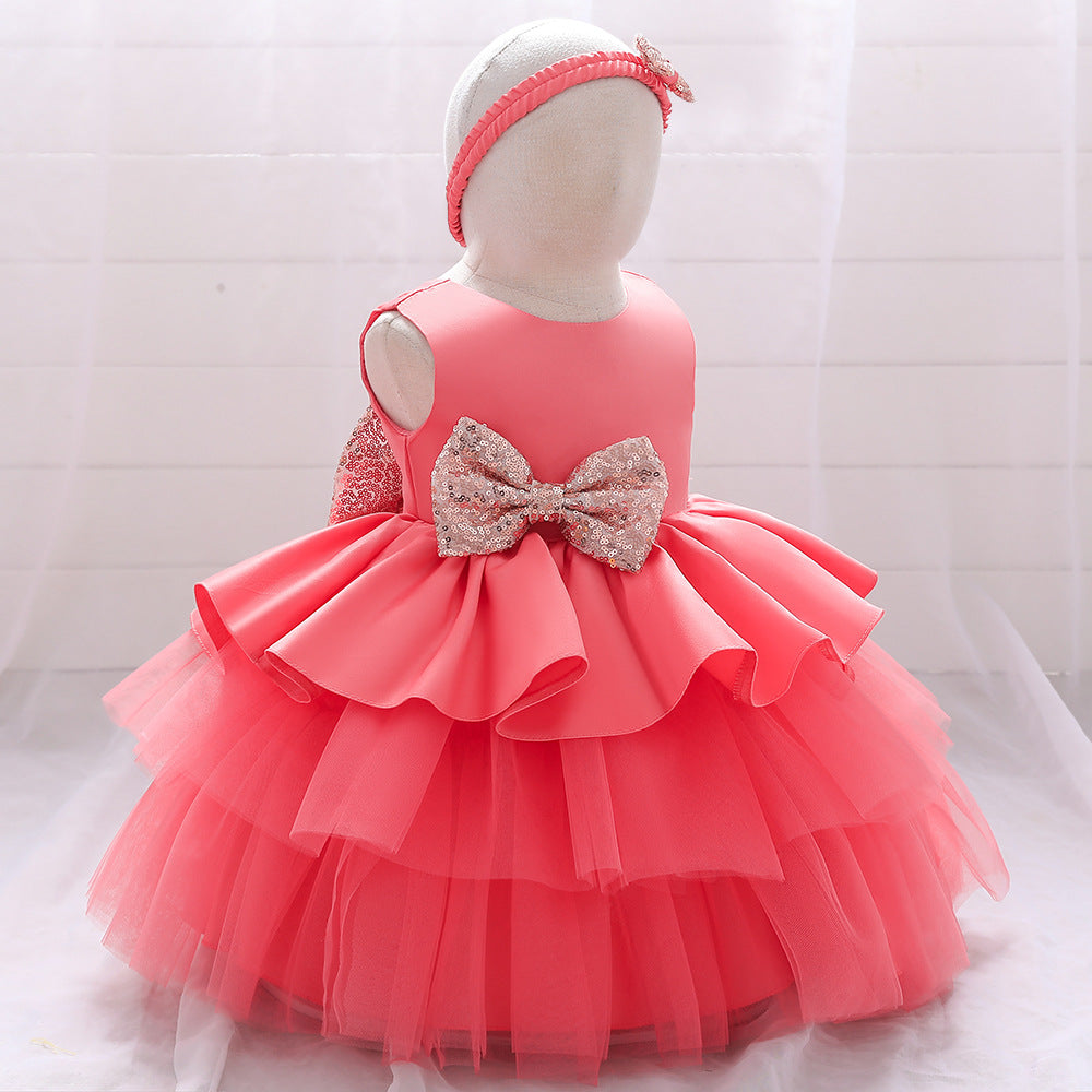 Cute Puffy Ball Gown Baby Princess Dress with Bow & Sequins – Perfect for Parties & Weddings