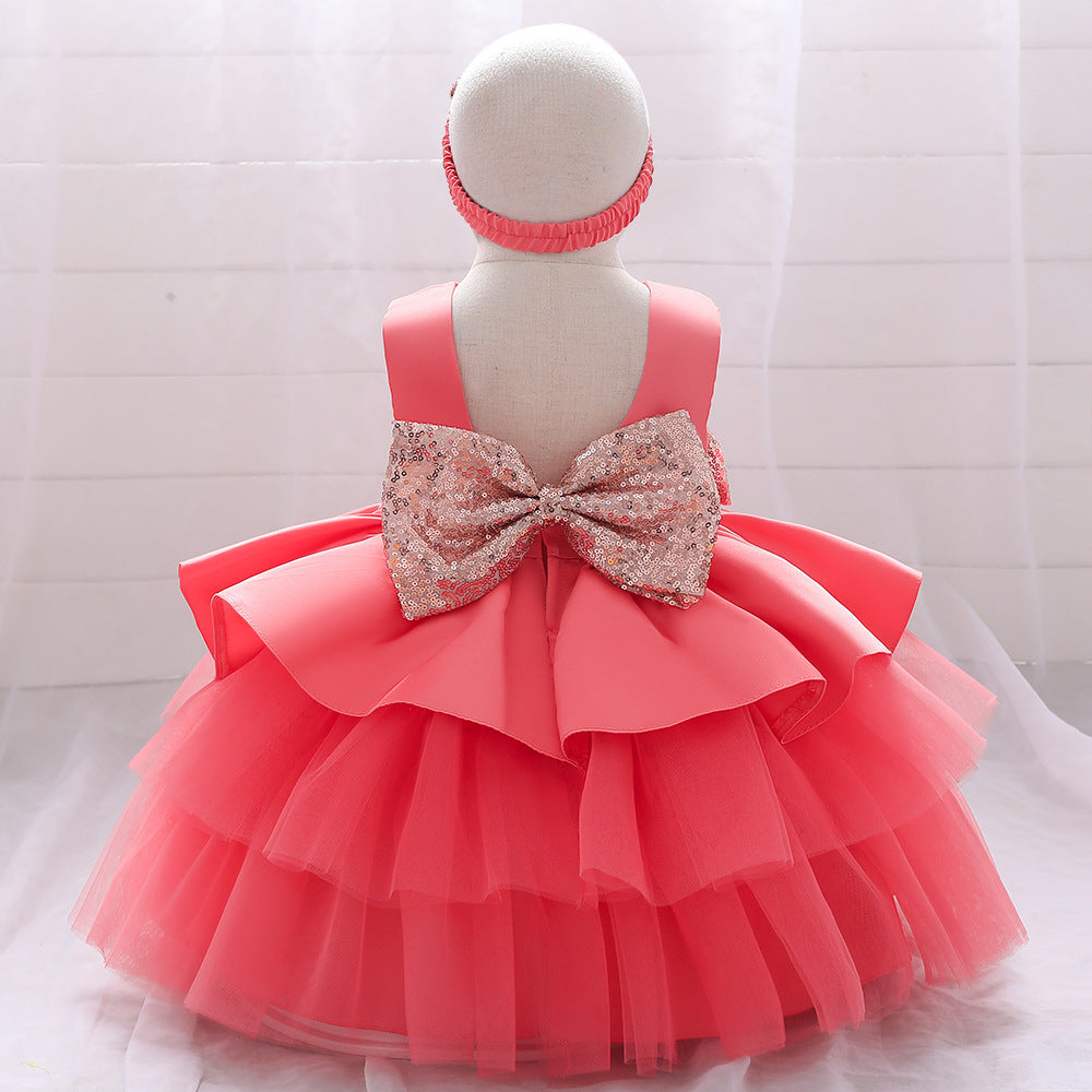 Cute Puffy Ball Gown Baby Princess Dress with Bow & Sequins – Perfect for Parties & Weddings
