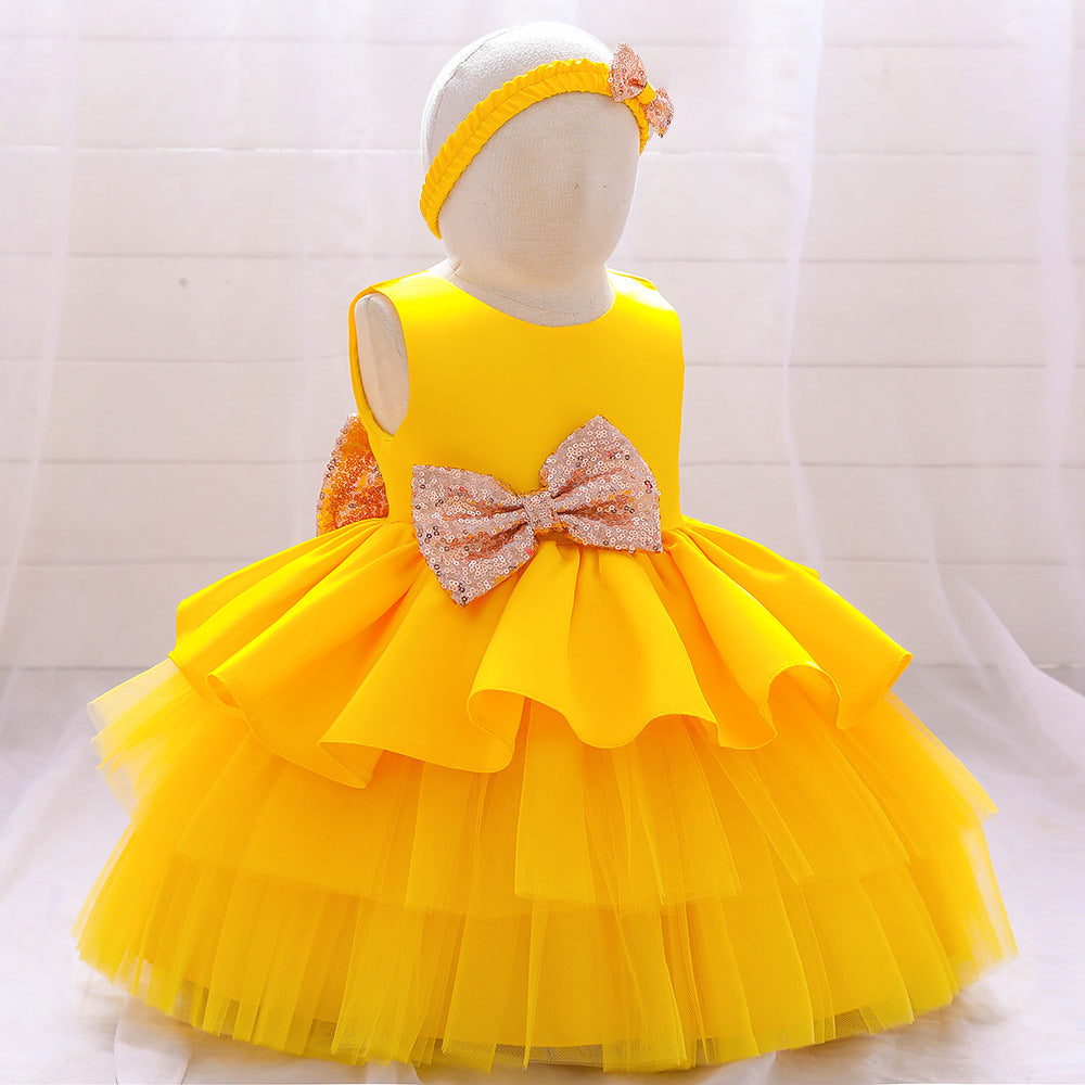Cute Puffy Ball Gown Baby Princess Dress with Bow & Sequins – Perfect for Parties & Weddings