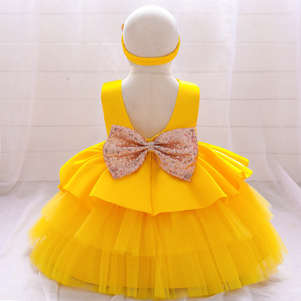 Cute Puffy Ball Gown Baby Princess Dress with Bow & Sequins – Perfect for Parties & Weddings