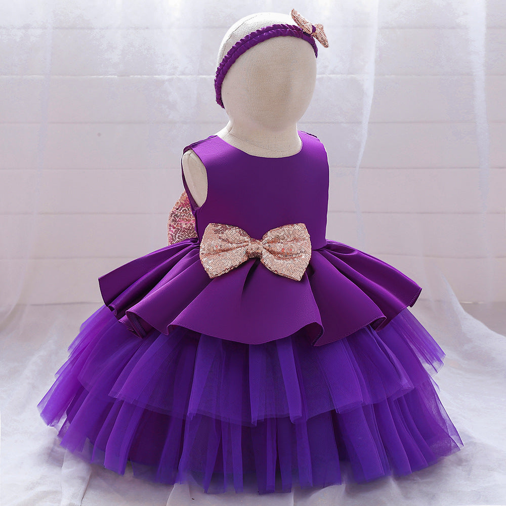 Cute Puffy Ball Gown Baby Princess Dress with Bow & Sequins – Perfect for Parties & Weddings