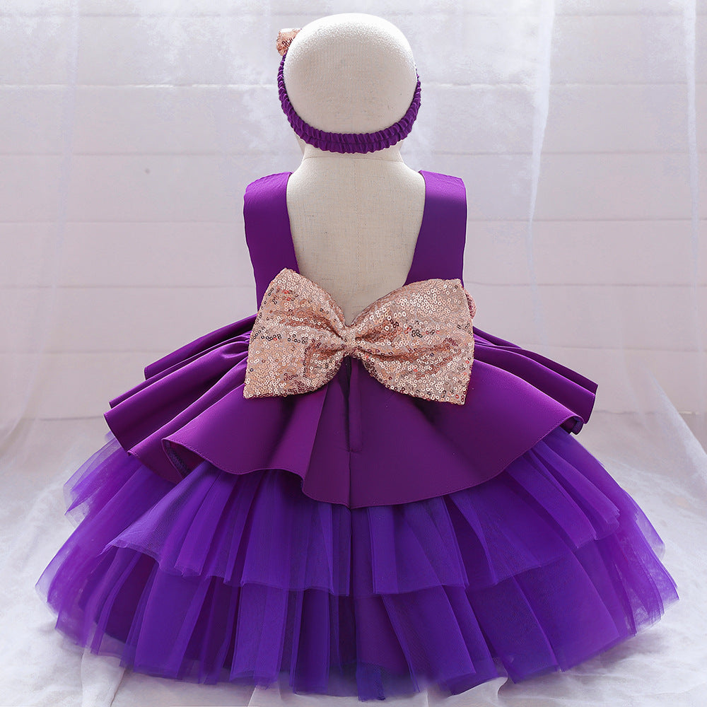 Cute Puffy Ball Gown Baby Princess Dress with Bow & Sequins – Perfect for Parties & Weddings