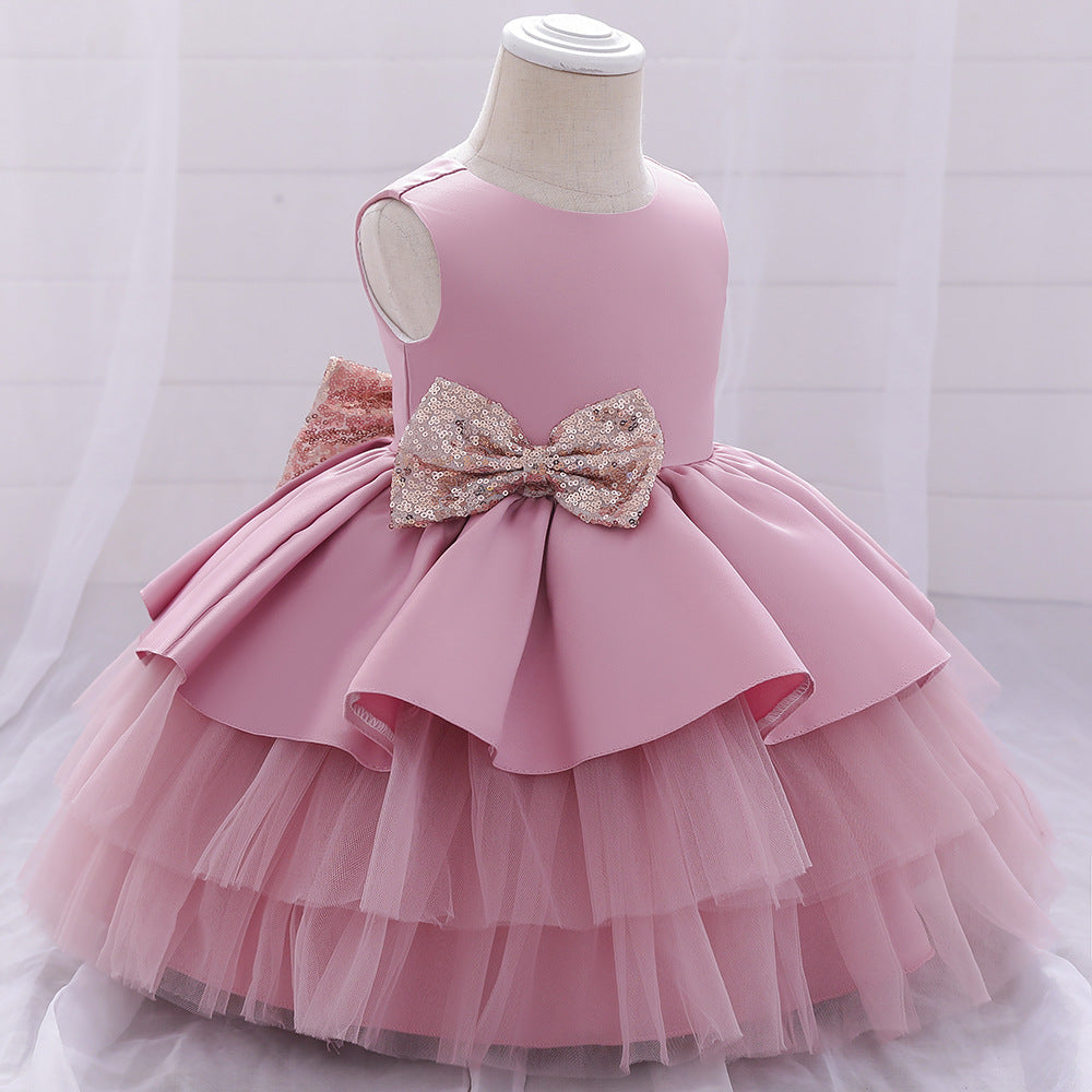 Cute Puffy Ball Gown Baby Princess Dress with Bow & Sequins – Perfect for Parties & Weddings
