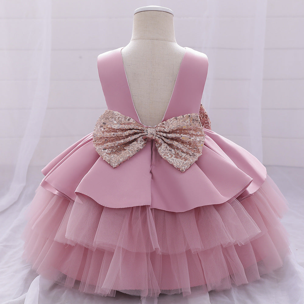 Cute Puffy Ball Gown Baby Princess Dress with Bow & Sequins – Perfect for Parties & Weddings
