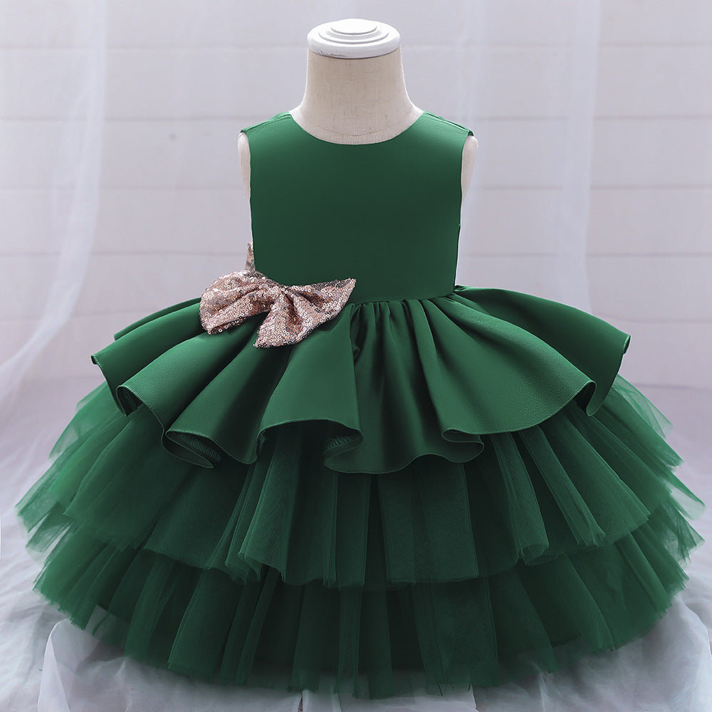 Cute Puffy Ball Gown Baby Princess Dress with Bow & Sequins – Perfect for Parties & Weddings