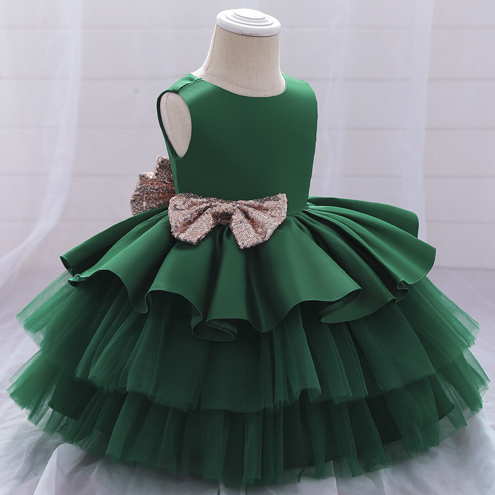 Cute Puffy Ball Gown Baby Princess Dress with Bow & Sequins – Perfect for Parties & Weddings