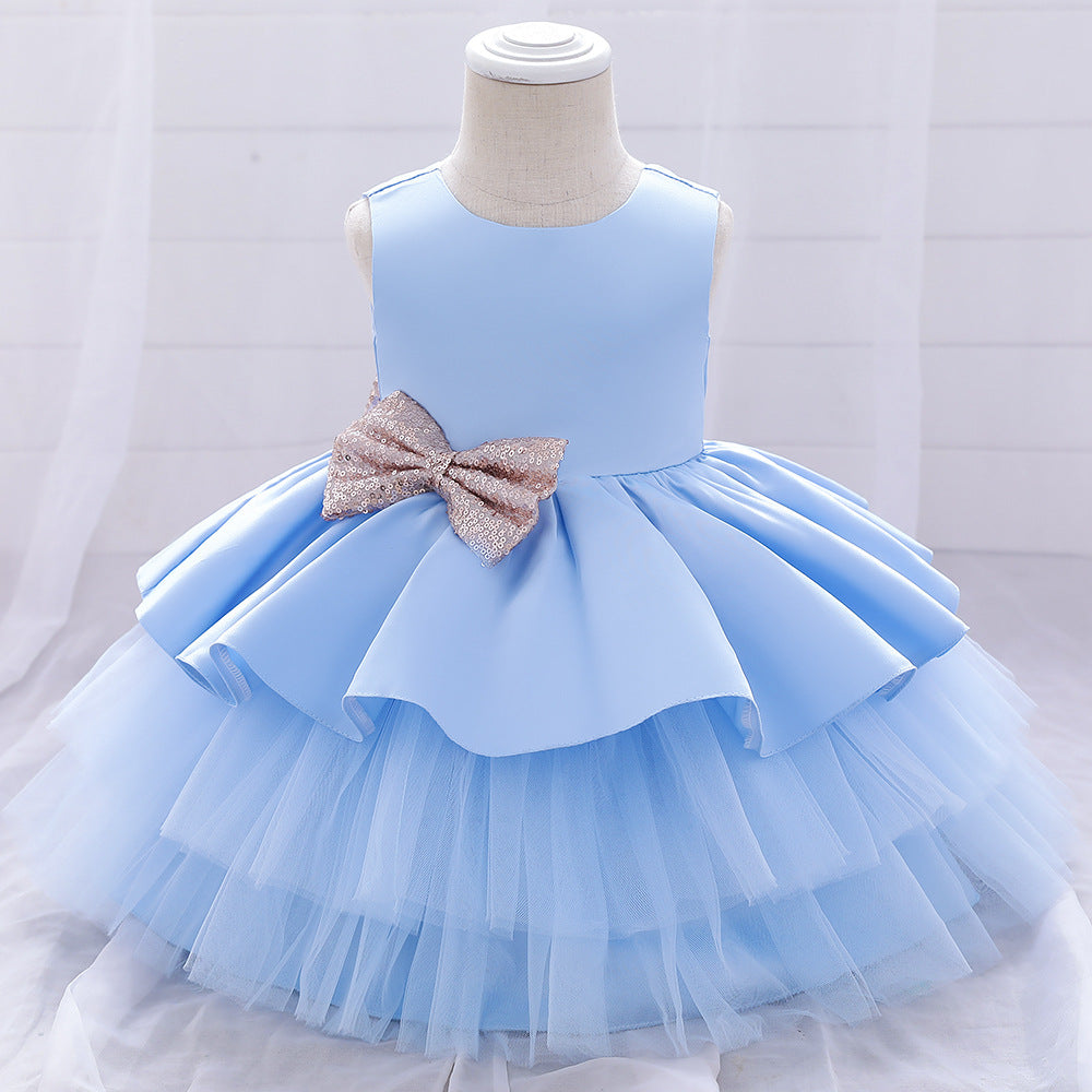 Cute Puffy Ball Gown Baby Princess Dress with Bow & Sequins – Perfect for Parties & Weddings