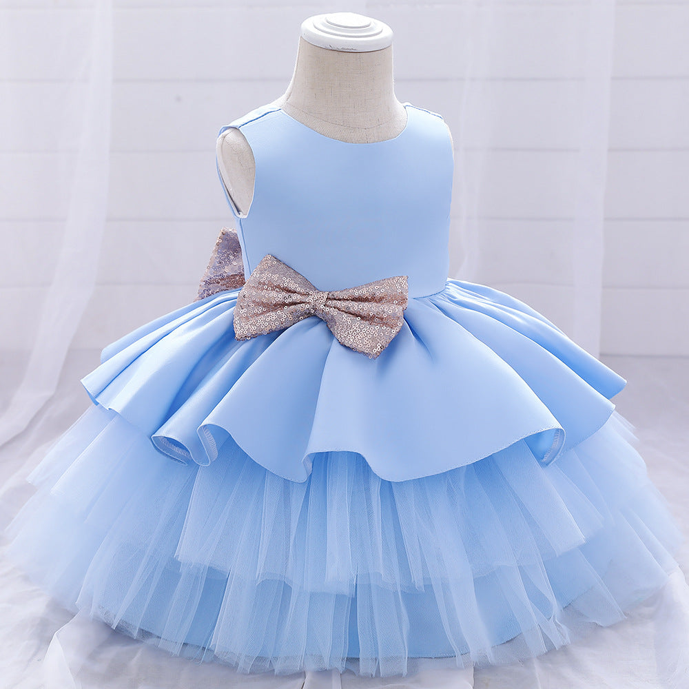 Cute Puffy Ball Gown Baby Princess Dress with Bow & Sequins – Perfect for Parties & Weddings