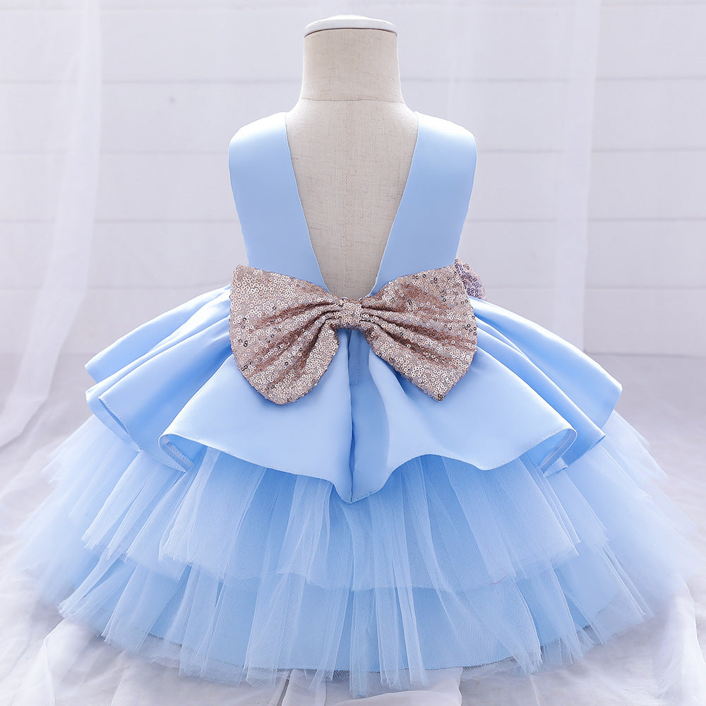 Cute Puffy Ball Gown Baby Princess Dress with Bow & Sequins – Perfect for Parties & Weddings