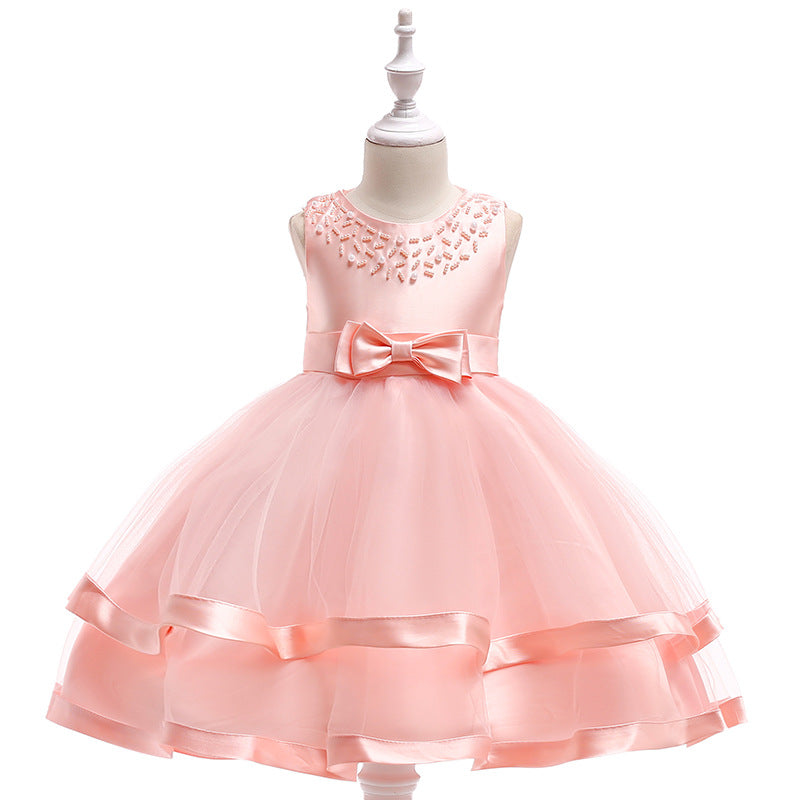 Puffy Beaded Bow Princess Dress for Girls | Tea-Length Kids Formal Gown