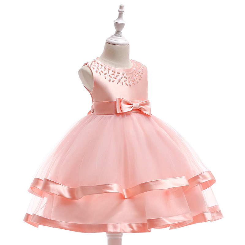 Puffy Beaded Bow Princess Dress for Girls | Tea-Length Kids Formal Gown