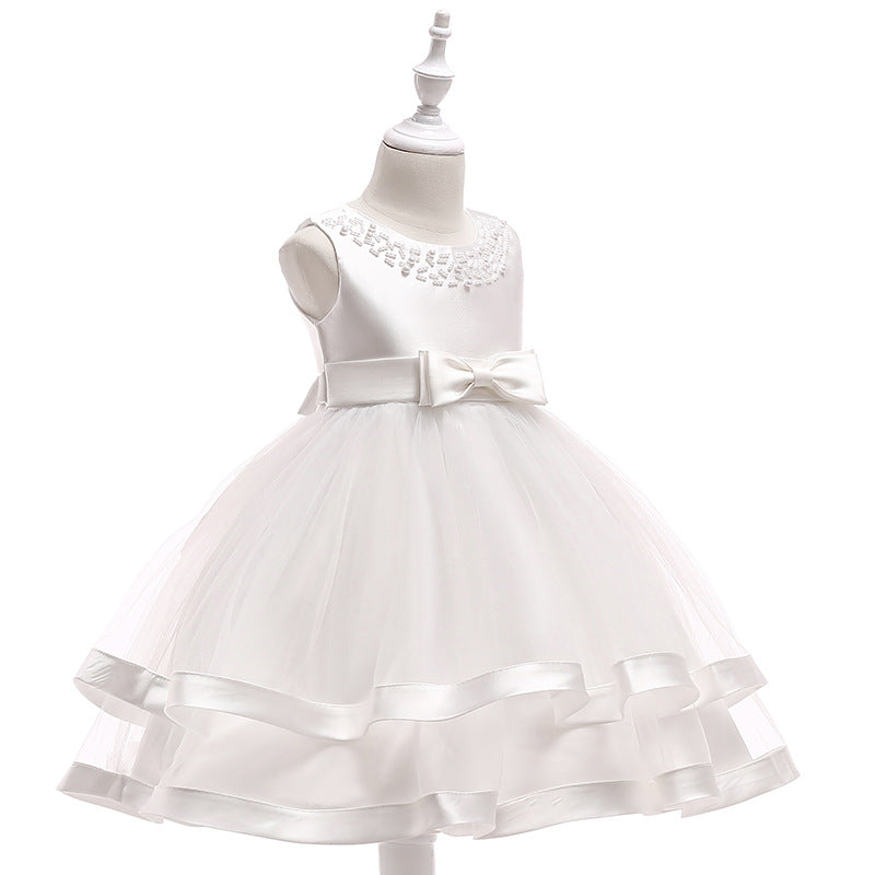 Puffy Beaded Bow Princess Dress for Girls | Tea-Length Kids Formal Gown