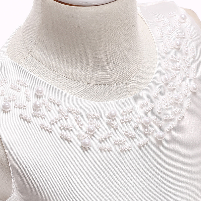 Puffy Beaded Bow Princess Dress for Girls | Tea-Length Kids Formal Gown