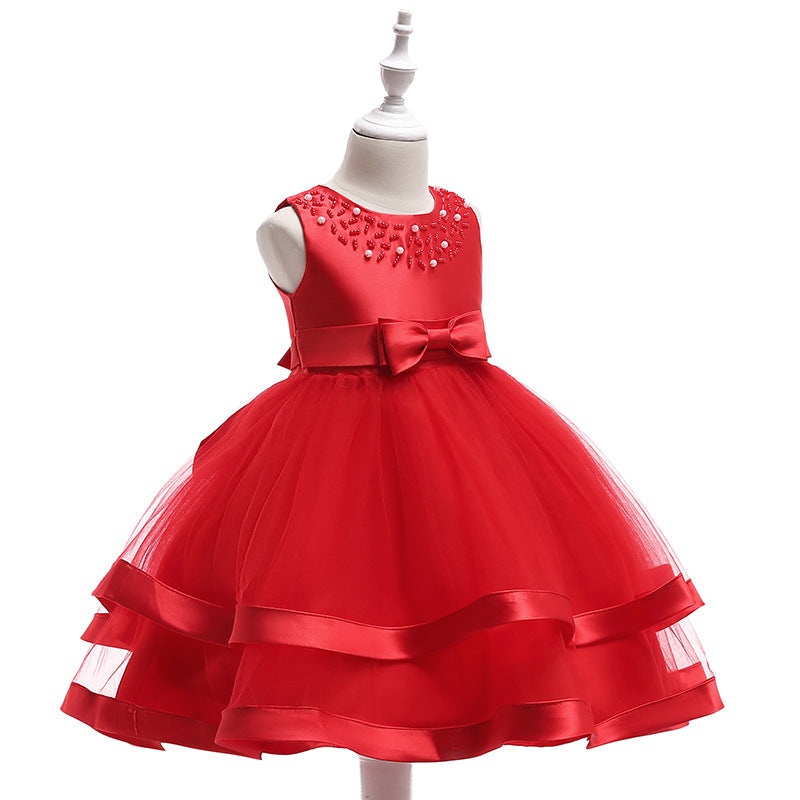 Puffy Beaded Bow Princess Dress for Girls | Tea-Length Kids Formal Gown