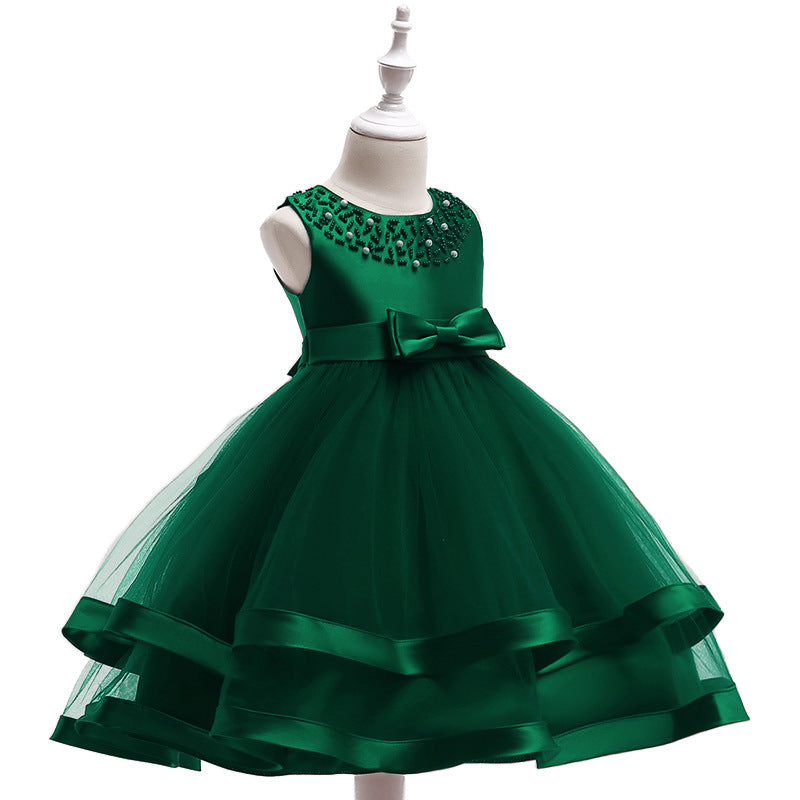 Puffy Beaded Bow Princess Dress for Girls | Tea-Length Kids Formal Gown