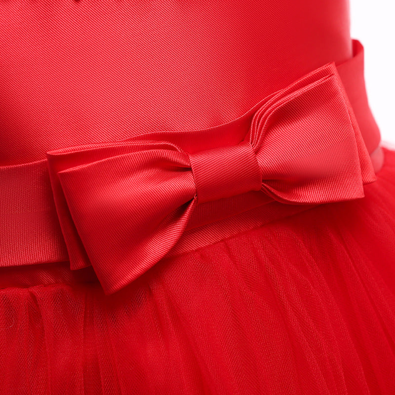 Puffy Beaded Bow Princess Dress for Girls | Tea-Length Kids Formal Gown