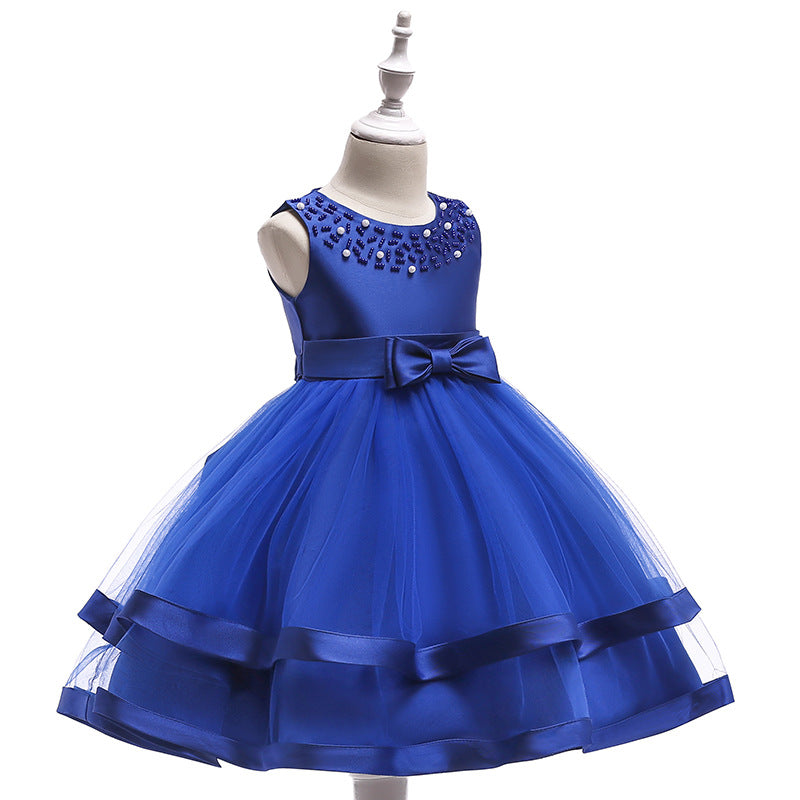 Puffy Beaded Bow Princess Dress for Girls | Tea-Length Kids Formal Gown