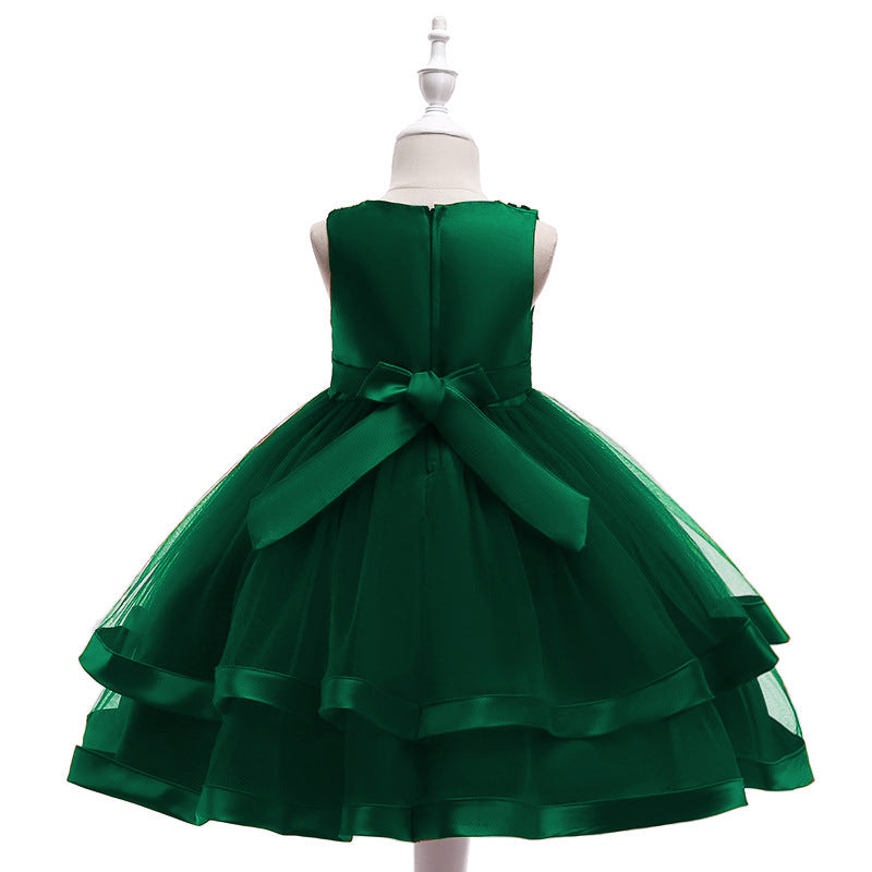 Puffy Beaded Bow Princess Dress for Girls | Tea-Length Kids Formal Gown