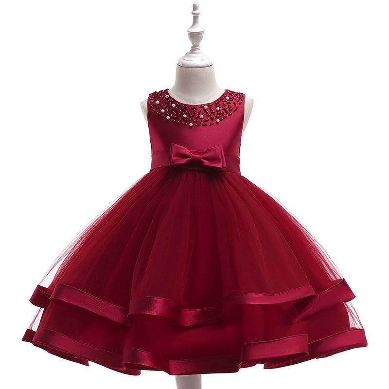 Puffy Beaded Bow Princess Dress for Girls | Tea-Length Kids Formal Gown