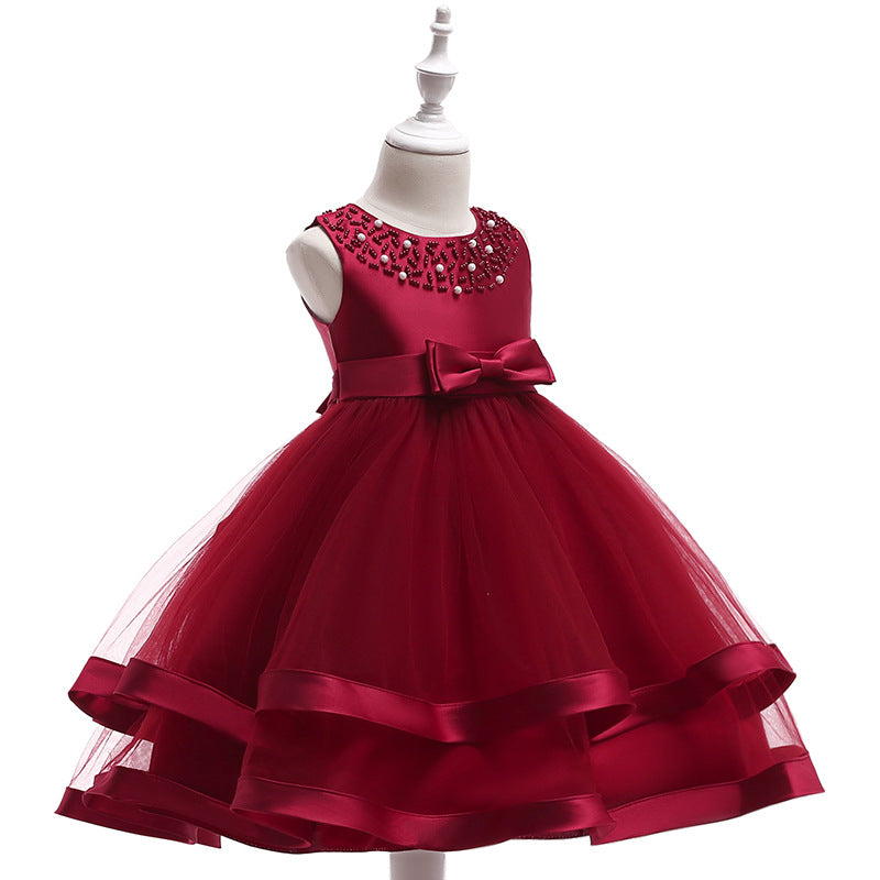 Puffy Beaded Bow Princess Dress for Girls | Tea-Length Kids Formal Gown