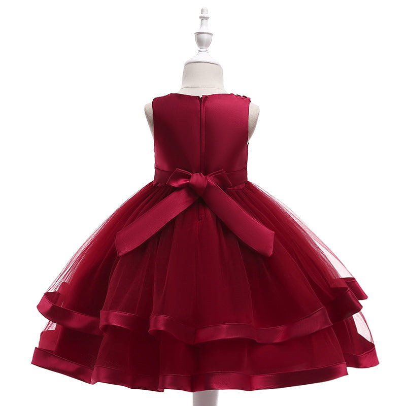 Puffy Beaded Bow Princess Dress for Girls | Tea-Length Kids Formal Gown