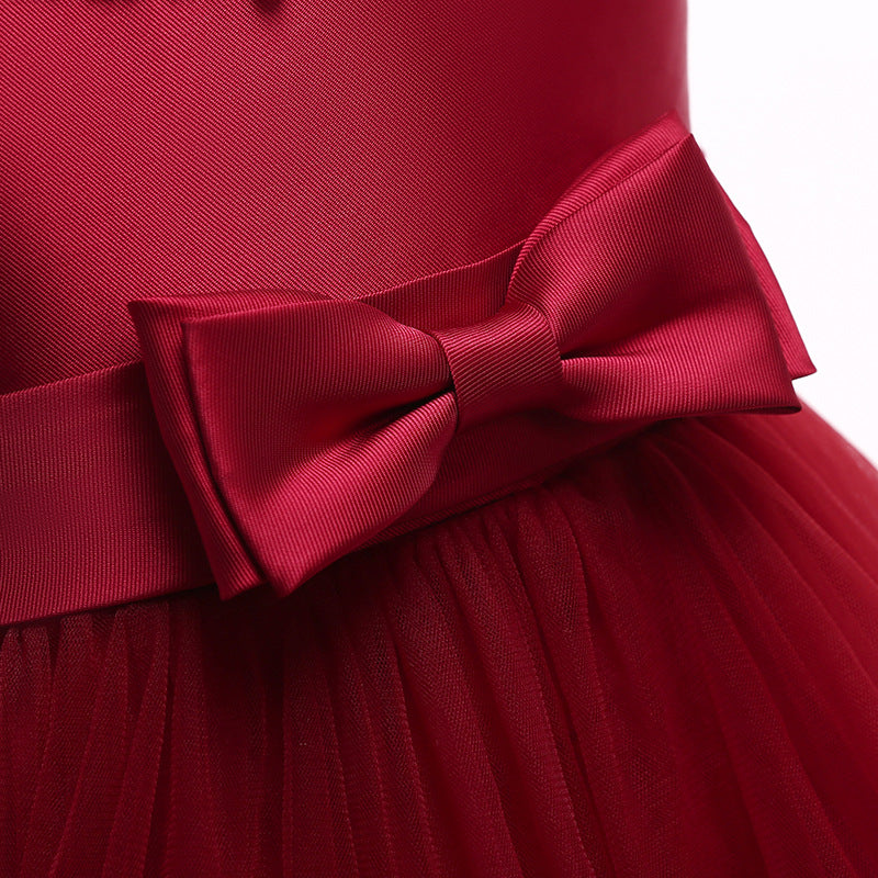 Puffy Beaded Bow Princess Dress for Girls | Tea-Length Kids Formal Gown
