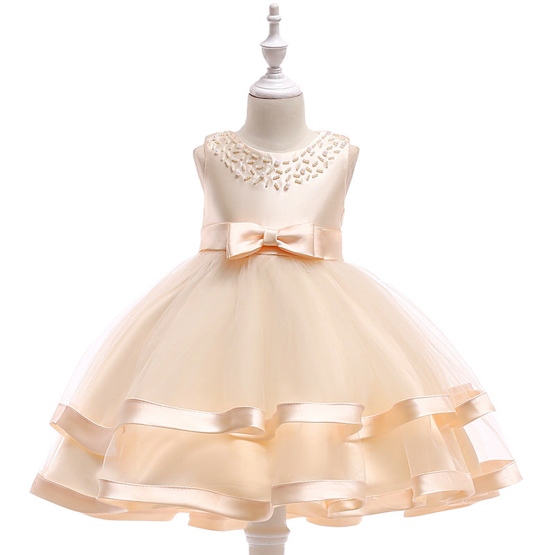 Puffy Beaded Bow Princess Dress for Girls | Tea-Length Kids Formal Gown