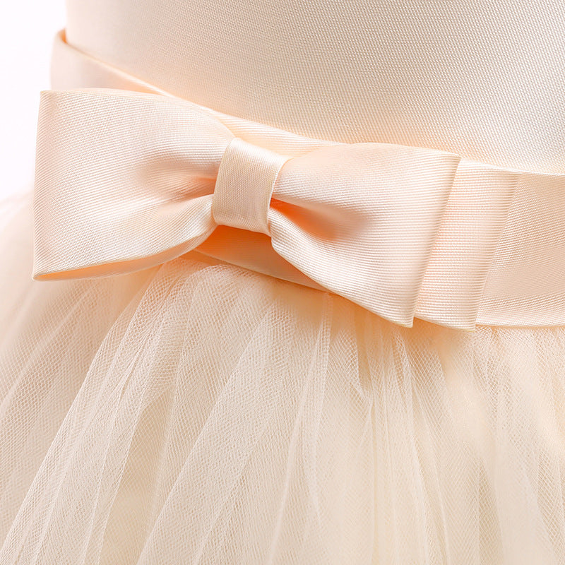 Puffy Beaded Bow Princess Dress for Girls | Tea-Length Kids Formal Gown