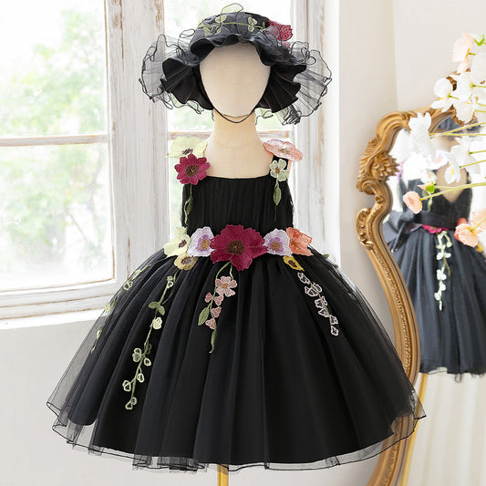 Frocklet Black Puffy Off-Shoulder Ball Gown Dress for Girls – Lace & Applique Tea Length 1
