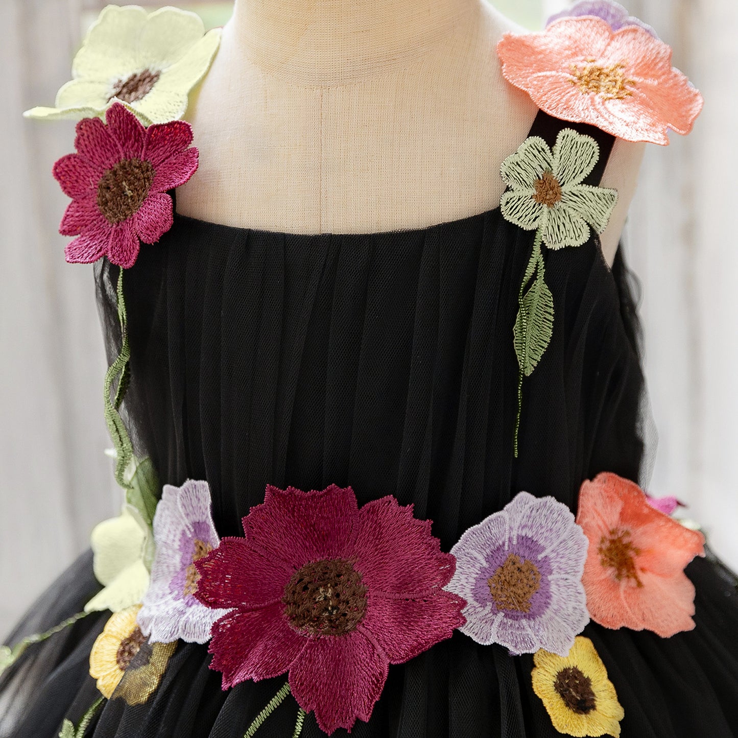 Black Puffy Off-Shoulder Ball Gown Dress for Girls – Lace & Applique Tea Length