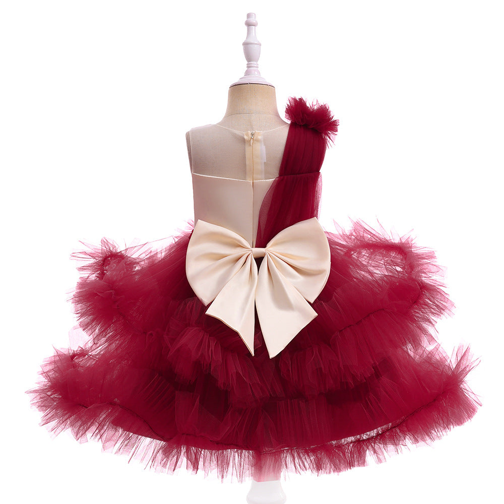 Burgundy A-Line Bow Mini Dress for Girls – Tulle Flower Girl Party Dress
