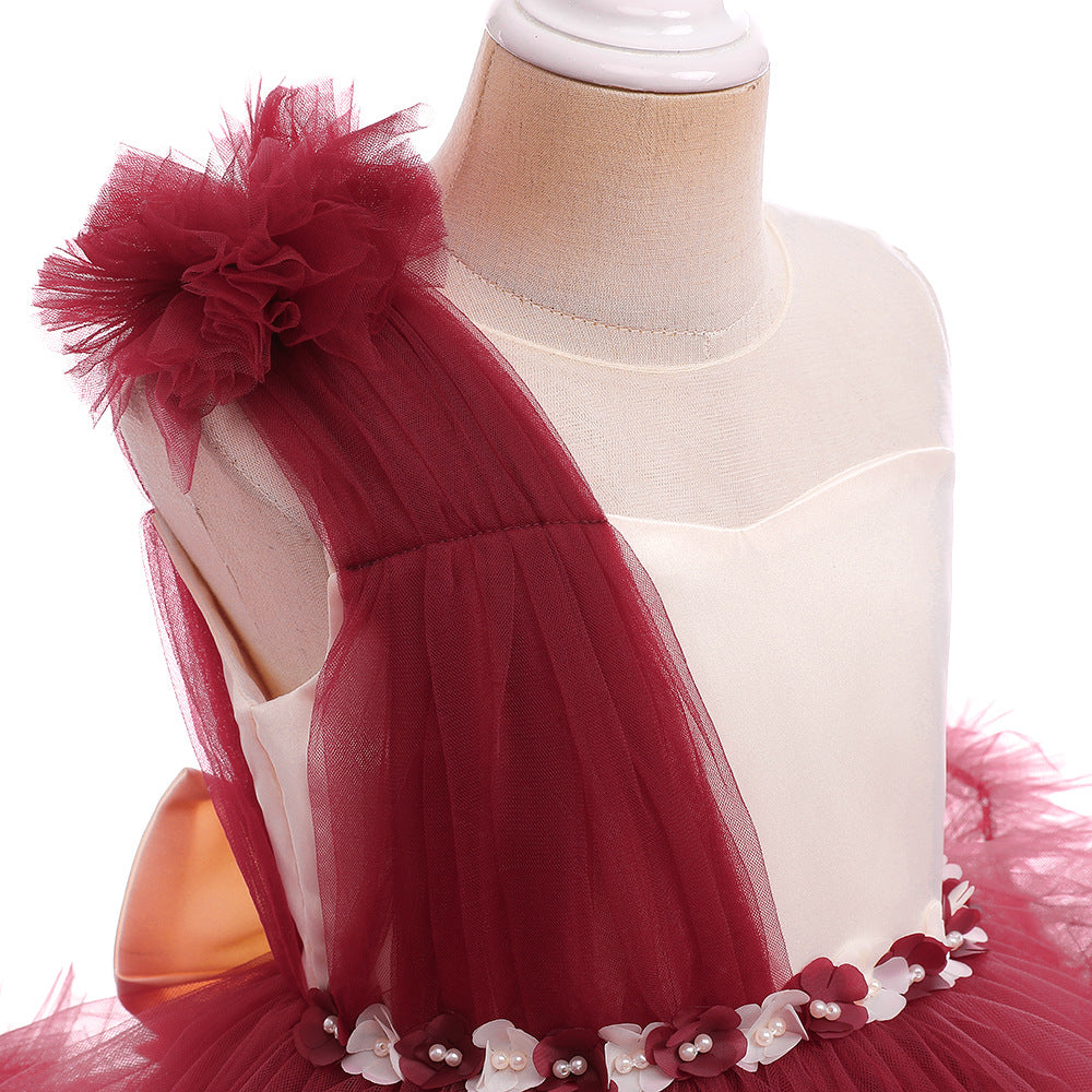 Burgundy A-Line Bow Mini Dress for Girls – Tulle Flower Girl Party Dress