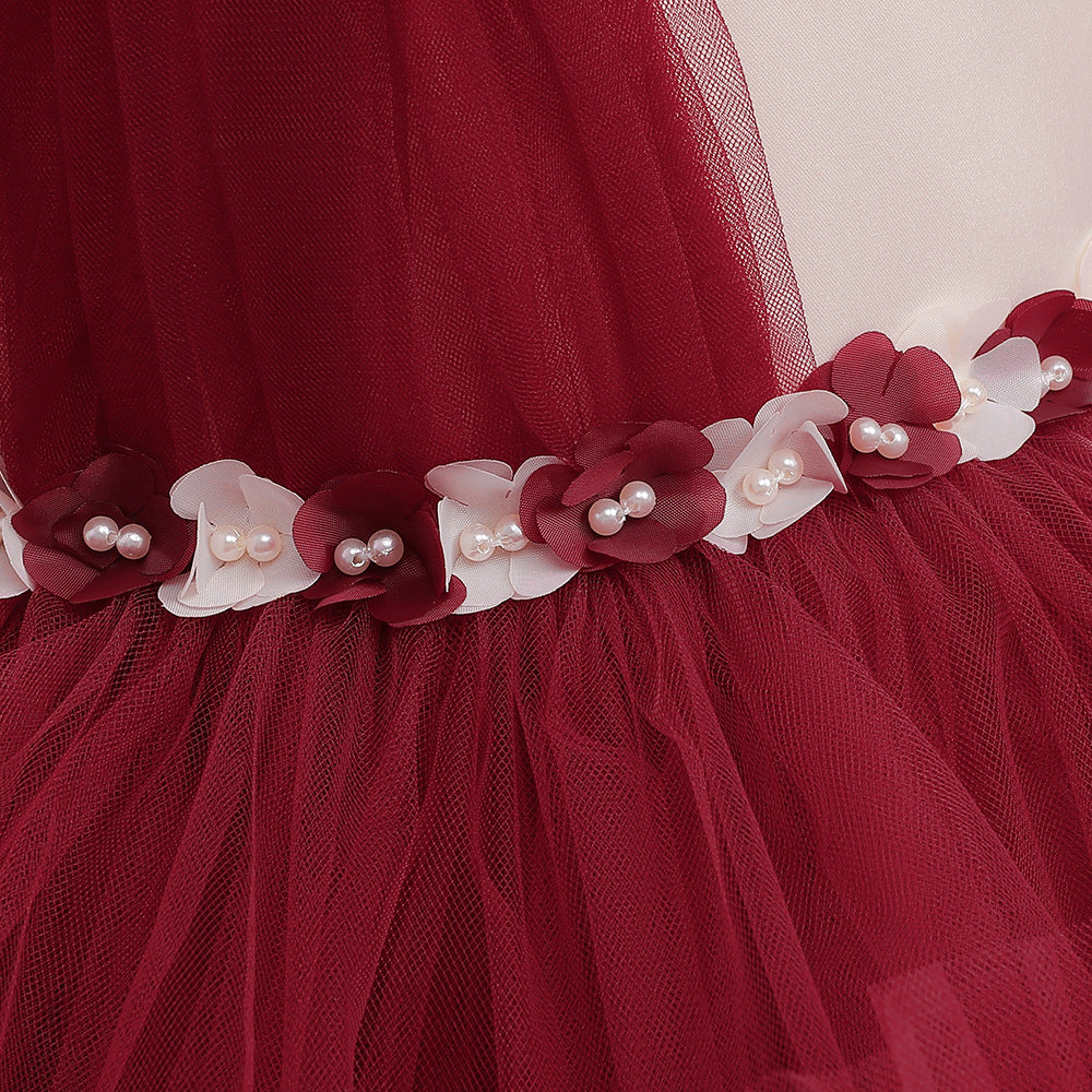 Burgundy A-Line Bow Mini Dress for Girls – Tulle Flower Girl Party Dress