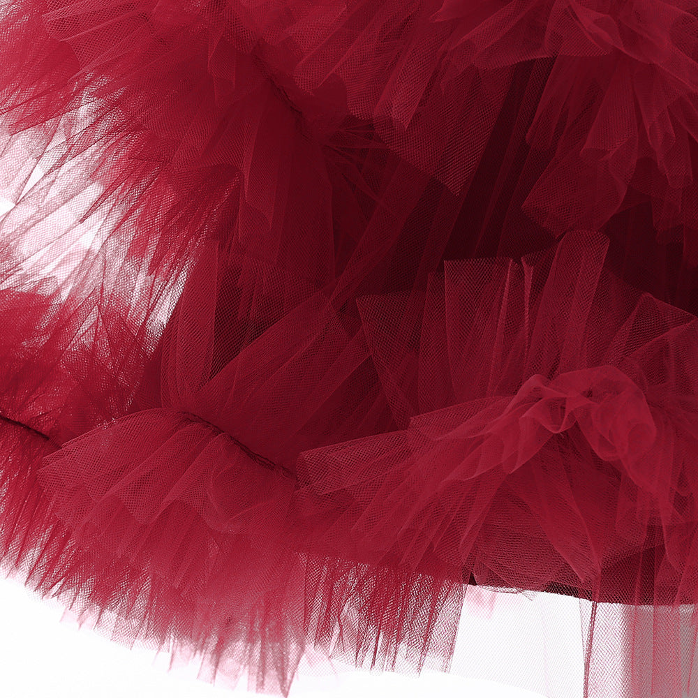 Burgundy A-Line Bow Mini Dress for Girls – Tulle Flower Girl Party Dress