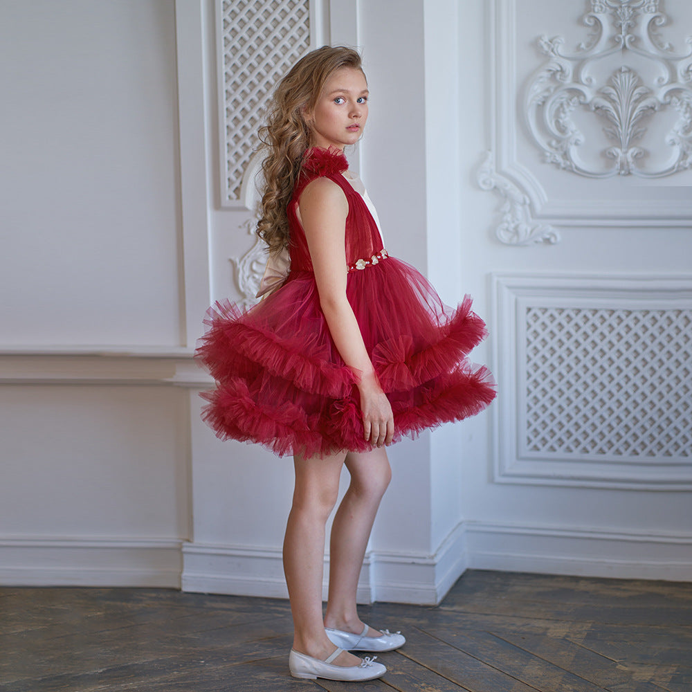 Burgundy A-Line Bow Mini Dress for Girls – Tulle Flower Girl Party Dress