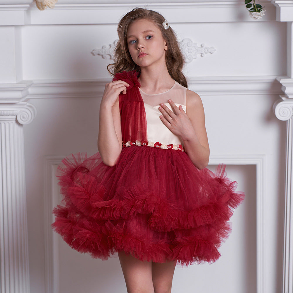 Burgundy A-Line Bow Mini Dress for Girls – Tulle Flower Girl Party Dress