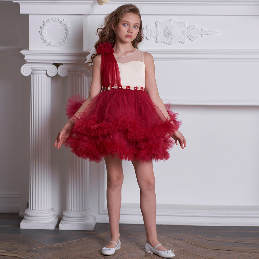 Burgundy A-Line Bow Mini Dress for Girls – Tulle Flower Girl Party Dress