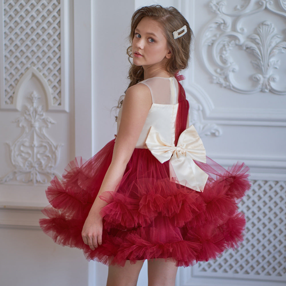 Burgundy A-Line Bow Mini Dress for Girls – Tulle Flower Girl Party Dress