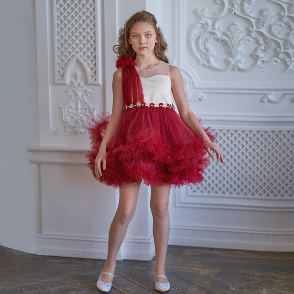 Burgundy A-Line Bow Mini Dress for Girls – Tulle Flower Girl Party Dress