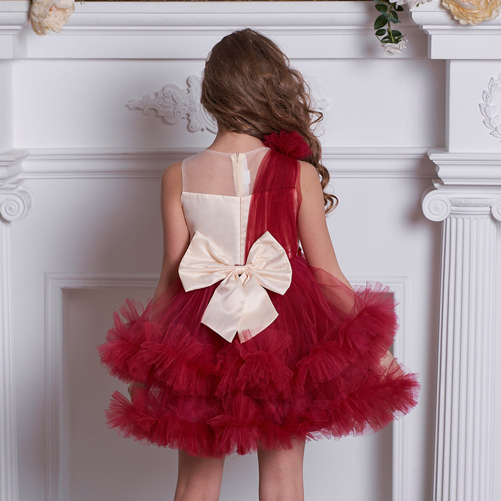 Burgundy A-Line Bow Mini Dress for Girls – Tulle Flower Girl Party Dress