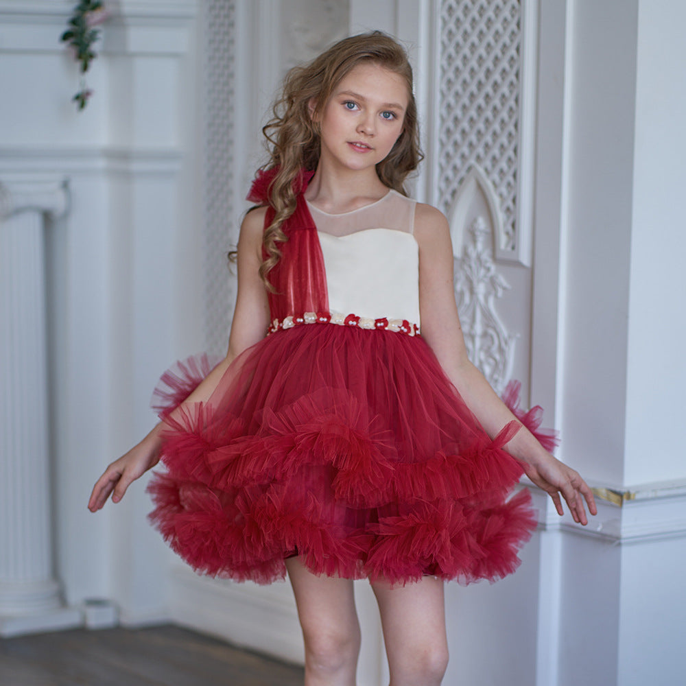 Burgundy A-Line Bow Mini Dress for Girls – Tulle Flower Girl Party Dress
