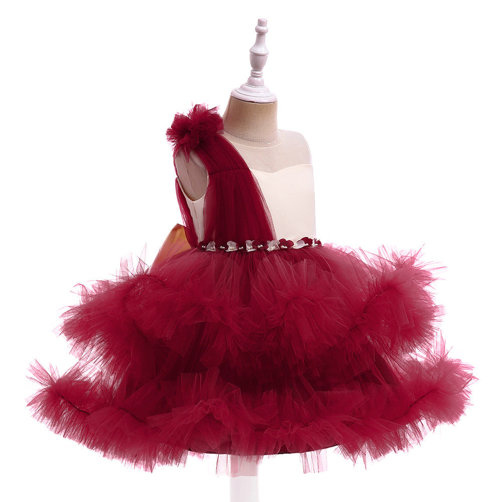 Burgundy A-Line Bow Mini Dress for Girls – Tulle Flower Girl Party Dress