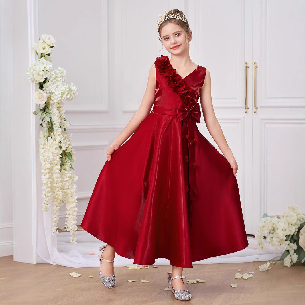 Burgundy V-Neck A-Line Maxi Girls Dress with Bowknot – Girls Occasionwear 5-13Y