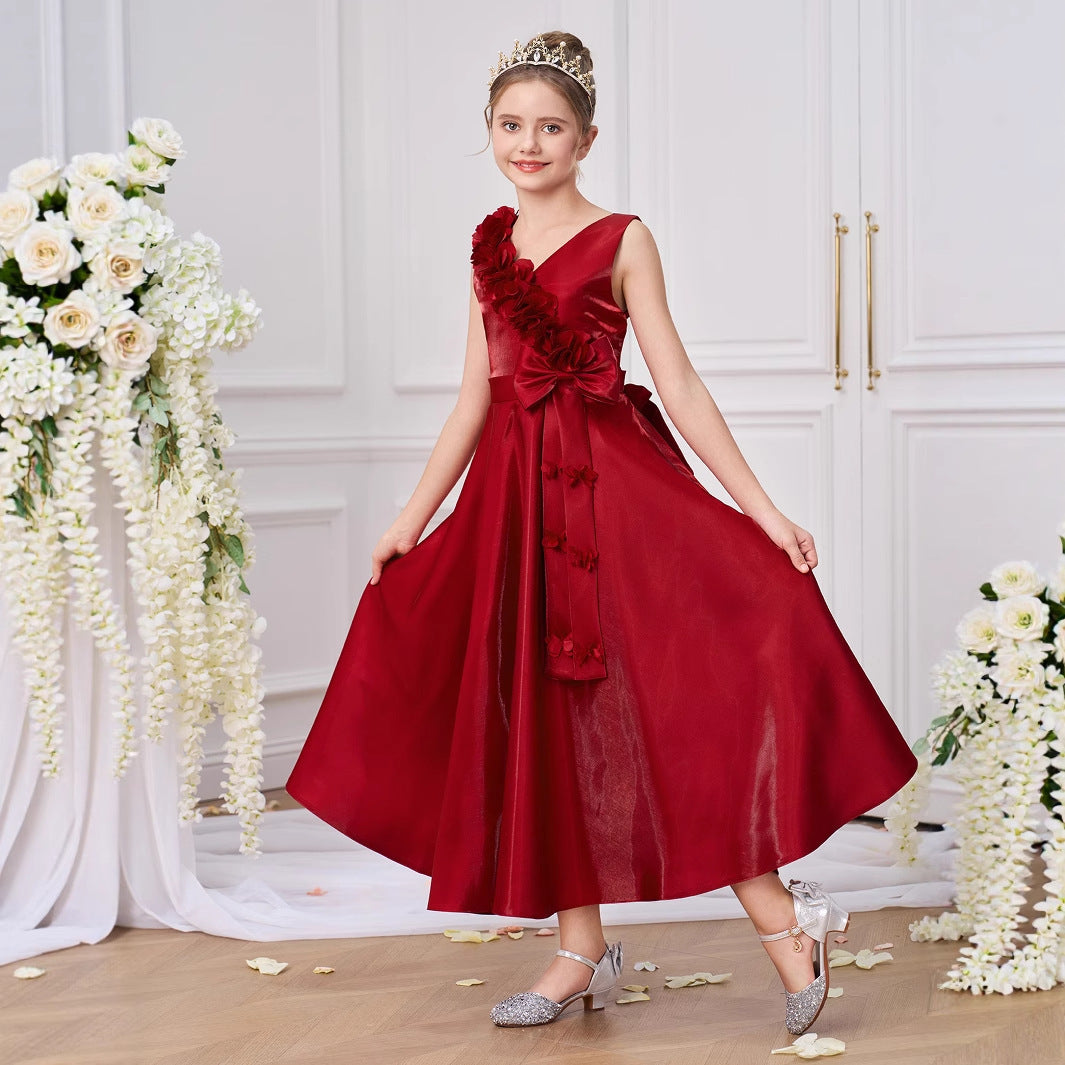 Burgundy V-Neck A-Line Maxi Girls Dress with Bowknot – Girls Occasionwear 5-13Y