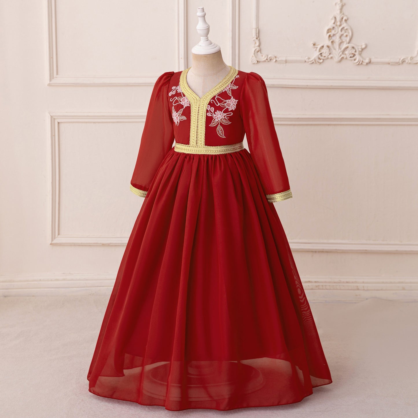 Burgundy Embroidered Long Sleeve Maxi Tulle Dress for Girls | Party & Wedding