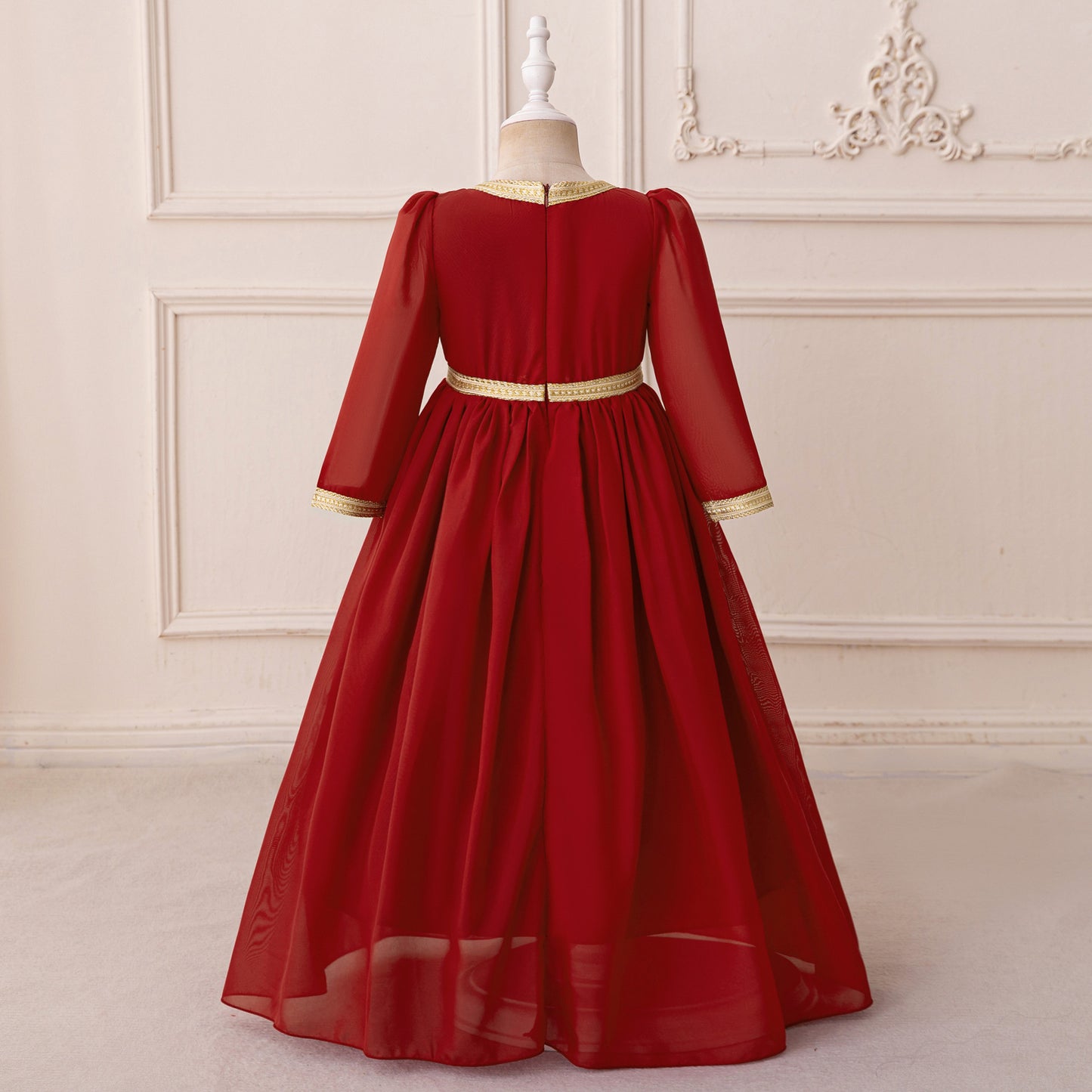 Burgundy Embroidered Long Sleeve Maxi Tulle Dress for Girls | Party & Wedding