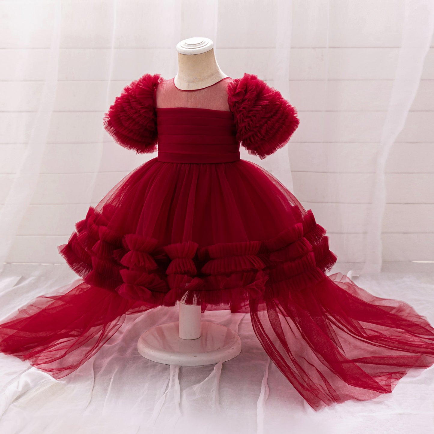 Burgundy Puffy Tulle High-Low Dress with Train for Girls | Pleated Ball Gown for Parties & Weddings
