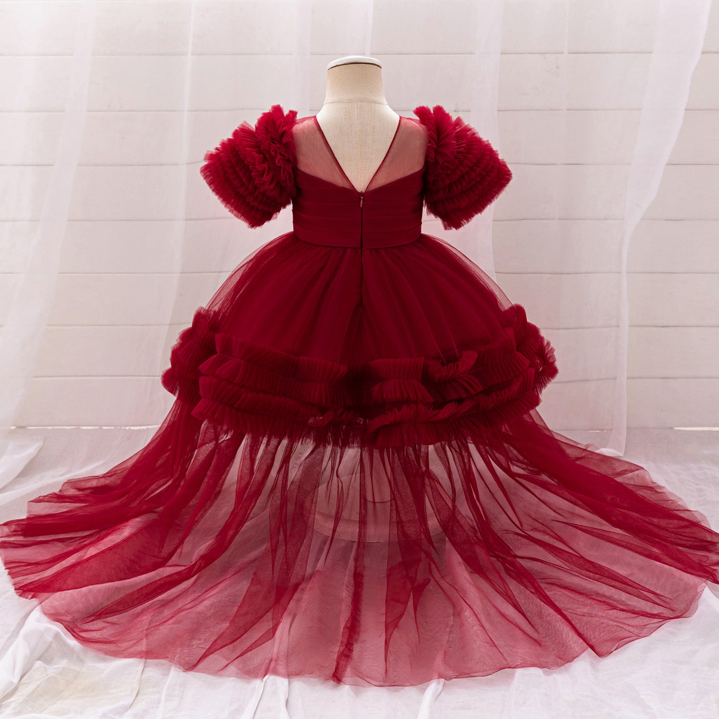 Burgundy Puffy Tulle High-Low Dress with Train for Girls | Pleated Ball Gown for Parties & Weddings